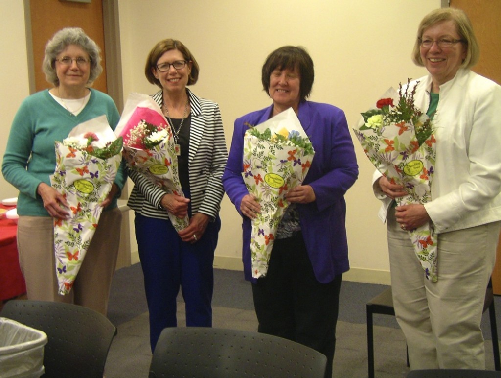 2013-14 OFFICERS after installation in May are (l to r) Carrie Svigel, president; Julie Hamilton, treasurer; Sandra Luther, membership vice president; and Joyce Kasserman, program vice president. Ann Fairchild continues as secretary.
